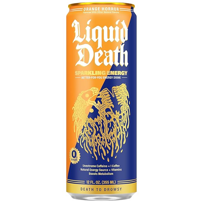 Liquid Death Sparkling Energy - Orange Horror (Orange and Cream) Zero Sugar Energy Drink Unextreme Caffeine 100mg Essential Vitamins 12 Fl Oz (Pack of 12)