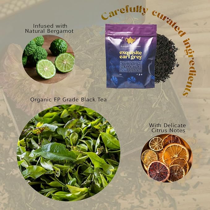 Earl Grey Tea Organic Loose Leaf Black Tea – Classic Bergamot &amp Citrus Flavor – Boost Clarity &amp Wellness – Drink Hot or Iced – 4 oz Resealable Bag (Makes 50 Cups) – The Elegant Elephant