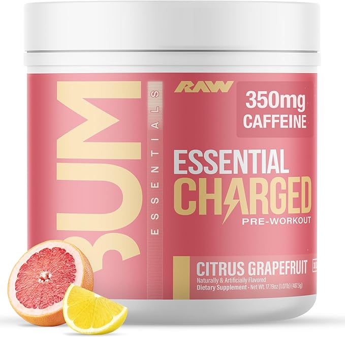 RAW Pre-Workout Powder Essential CHARGED (Citrus Grapefruit) - Preworkout Supplement for Men Women - Supports Focus Mood Performance - Caffeine Alpha-GPC L-Citrulline Beta Alanine (25 Servings)