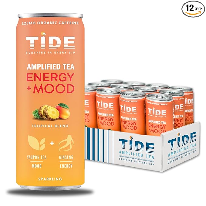 TIDE Yaupon Tea Premium Brewed Clean Energy with 125mg Caffeine - Ginseng Health Drink - Organic Fruit Juice &amp Green Tea - Healthy Morning Boost Beverage Low Calorie Tropical 12 Pack