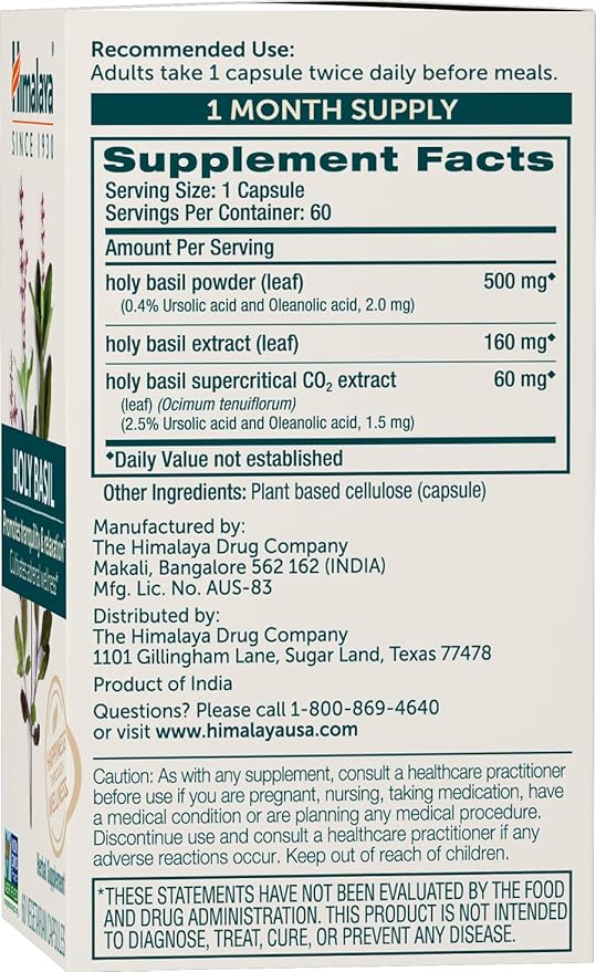 Himalaya Holy Basil 60 Day Supply - Herbal Adrenal Support for Stress Relief Relaxation Energy Support and Occasional Sleeplessness - Vegan Non-GMO Gluten Free 720 mg 60 Capsules Pack of 2