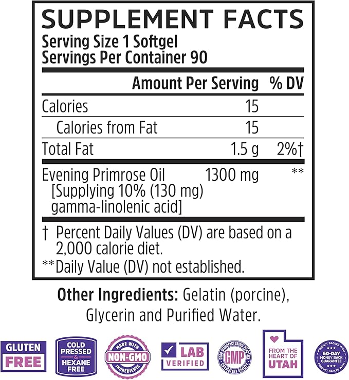 Zhou Nutrition Evening Primrose Oil Capsules- Supports Hormone Balance for Women PMS &amp Menopause Support Cold Pressed &amp Hexane Free - 1400mg 10% Gla