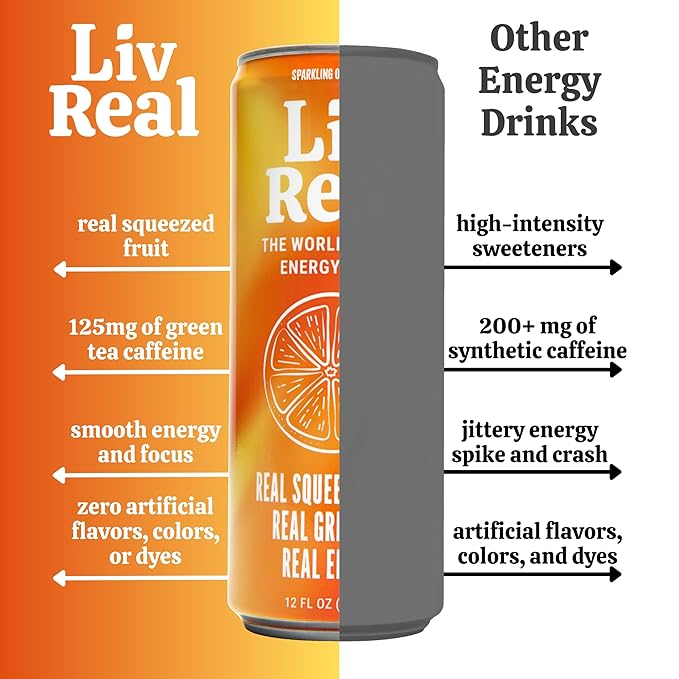 LivReal Clean Energy Drink – Organic Green Tea Caffeine 125mg + L-Theanine 100mg – Real Fruit No Sweeteners or Flavorings – Vitamin C &amp B Complex – Sparkling Orange Mango Water – 12 Pack 12 fl o