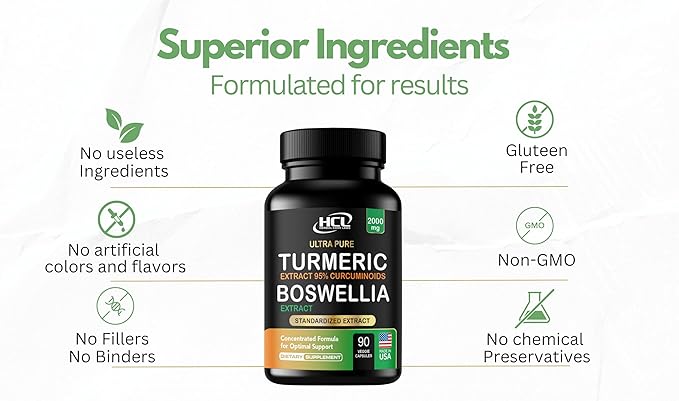 Turmeric Boswellia Extract Supplement 2000 mg – Extra Strength Boswellia Serrata with Turmeric Curcumin - 95% Curcuminoids with Boswellia Extract Capsules - Standardized High Potency - Made in USA