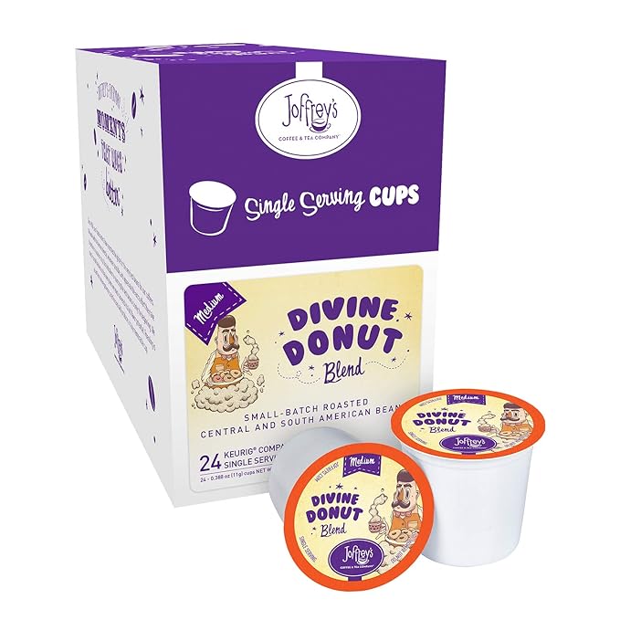 Joffrey's Coffee - Divine Donut Blend Artisan Medium Roast Arabica Coffee Beans Well-Balanced Blend Smooth Flavor &amp Sweet Finish K-Cup 2.0 Compatible (24 Count)