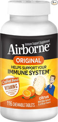 Airborne 1000mg Vitamin C + Zinc Immune Support Supplement Chewable Tablets Citrus Flavor with Powerful Antioxidants Vitamins A C &amp E 116 Chewable Tablets (3 Pack)