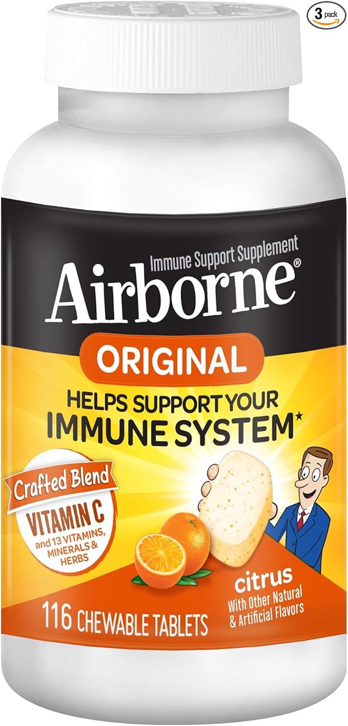 Airborne 1000mg Vitamin C + Zinc Immune Support Supplement Chewable Tablets Citrus Flavor with Powerful Antioxidants Vitamins A C &amp E 116 Chewable Tablets (3 Pack)