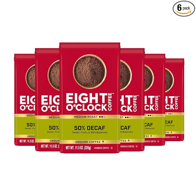 Eight O'Clock Coffee 50% Decaf Medium Roast Ground Half-Caf Coffee 100% Arabica Kosher Certified 11.5 Ounce (Pack of 6)