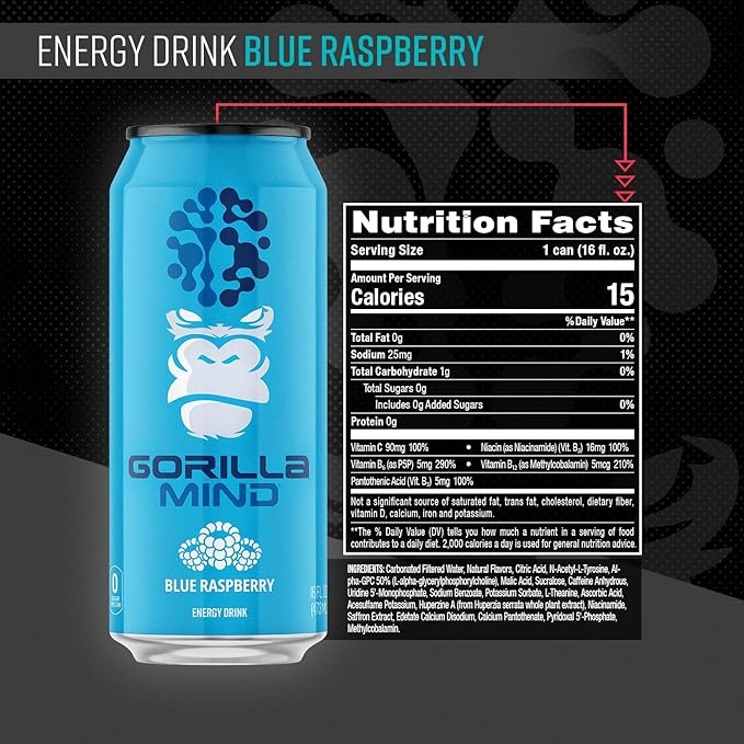 Gorilla Mind Energy Drink | Unmatched Energy · Amplified Focus | N-Acetyl-L-Tyrosine Alpha-GPC 200mg Caffeine Uridine Saffron | 0 Sugar Or Artificial Colors | 16oz 12-Pack (Blue Raspberry)