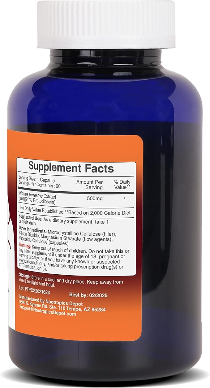 Nootropics Depot Tribulus Extract Capsules | 500mg | 20% Protodioscin | Tribulus terrestris | Fitness Mood &amp Vitality | 60 Count