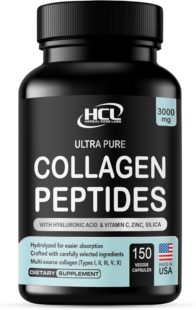 HCL HERBAL CODE LABS Collagen Peptides Powder with Vitamin C &amp Hyaluronic Acid - Cleanest Sources &amp Super High Absorption - Hydrolyzed Multi Type I II III V X - Skin Hair Supplement (Capsu