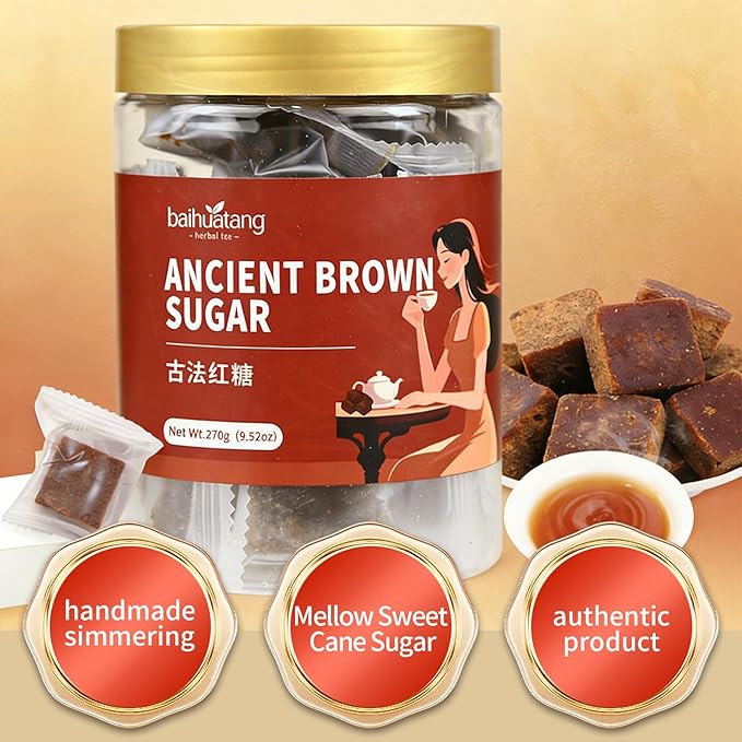 Baihuatang Premium Handmade Ancient Brown Sugar for Tea 270g Handmade Chinese Black Sugar Cubes | Ancient Craft Natural Sweetness | Individually Wrapped 古法黑糖 独立包装
