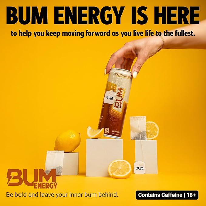 BUM Sugar-Free Energy Drink Iced Tea Lemonade - No Artificial Colors Natural Caffeine &amp Citicoline for Energy &amp Focus Brain Boost &amp Workout Sports Beverage - 12 oz Pack of 12