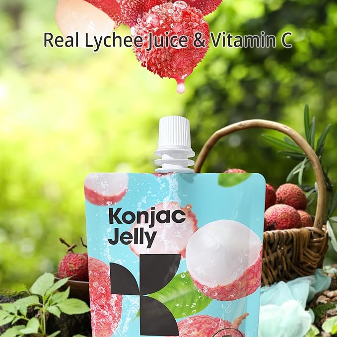 Hethstia Konjac Jelly 10 Pouches Drinkable Lychee Konjac Jelly with Collagen Peptides Low Calorie Litchi Jello Vitamin C Light Snacks Sugar Free Keto Gluten-Free Healthy Food Gifts