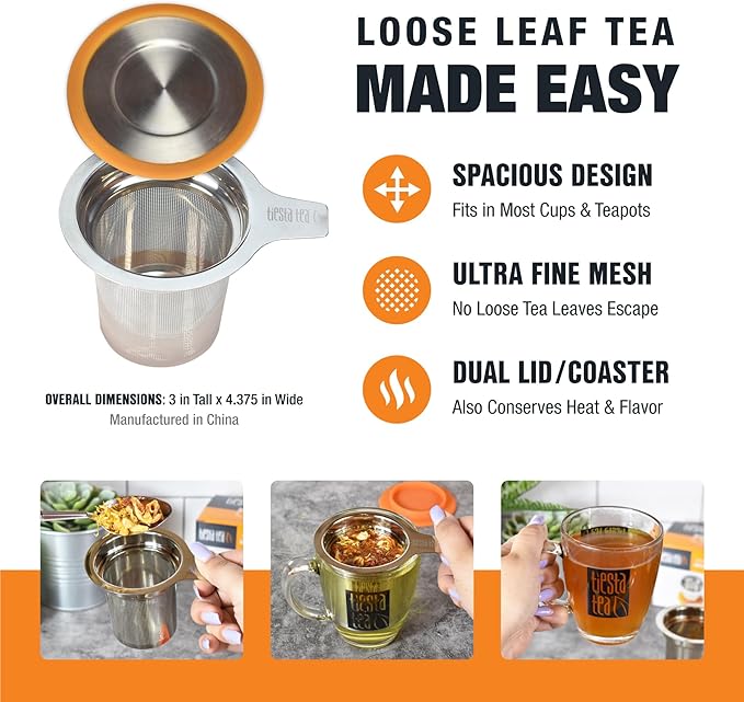 Tiesta Tea - Apple Cider Herbal Tea and Brewbasket Infuser Bundle Caramel Apple Tea Non-Caffeinated 4oz Refillable Tin with 5oz Reusable Stainless Steel Strainer