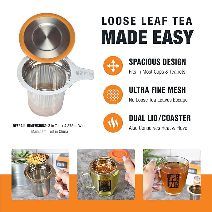 Tiesta Tea - Peach Party Herbal Tea and Brewbasket Infuser Bundle Loose Leaf Peach Hibiscus Tea Non-Caffeinated 4.5oz Refillable Tin with 5oz Reusable Stainless Steel Strainer
