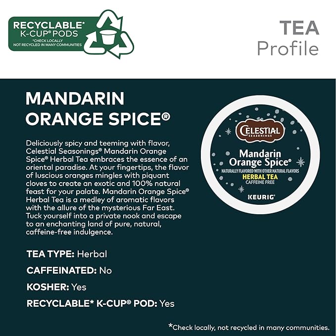 Celestial Seasonings Mandarin Orange Spice Herbal Tea Single-Serve Keurig K-Cup Pods 96 Count