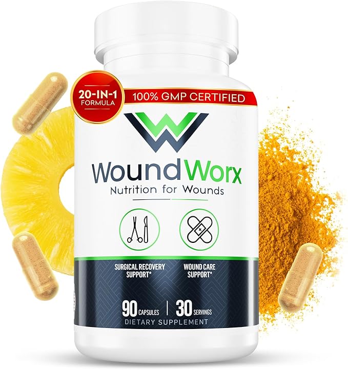 Free Life Labs WoundWorx Nutrition-Scar and Surgery Support Wound Care General and Plastic Surgery Faster Healing w/Vitamins Amino Acids Collagen Probiotics Turmeric Bromelain-90 caps