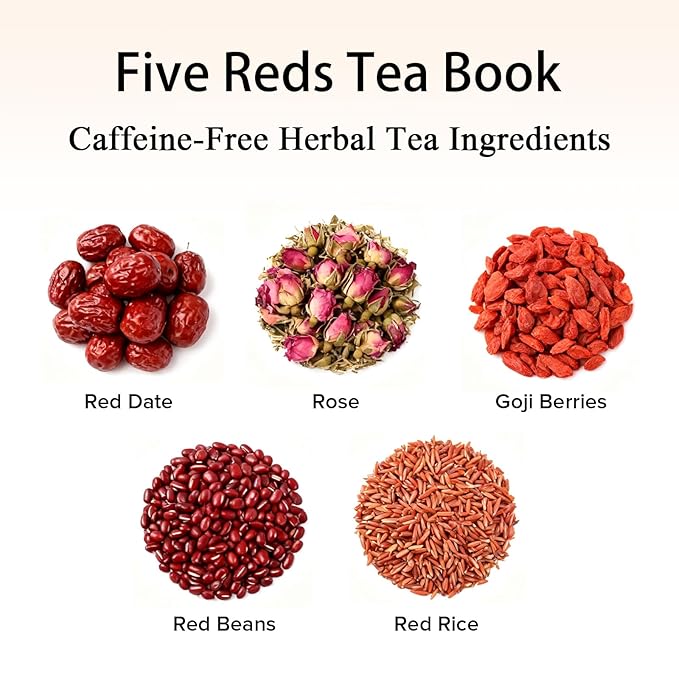 Leafberry Tea Book - Five Reds Tea for Rejuvenates Energy (Menstrual Cycle Tea) Wellness Functional Herbal Tea Detox Boosts Immunity Awaken Rose Jasmine Red Dates Beans (10 Bags) Box Teas Drinkers Gi