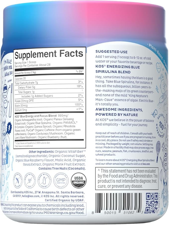 KOS Energizing Blue Spirulina Blend - USDA Certified Organic - B Vitamins Ashwagandha Ginseng Adaptogens Biotin - Vegan Pre Workout Powder - Caffeinated Berry Flavored 28 Servings