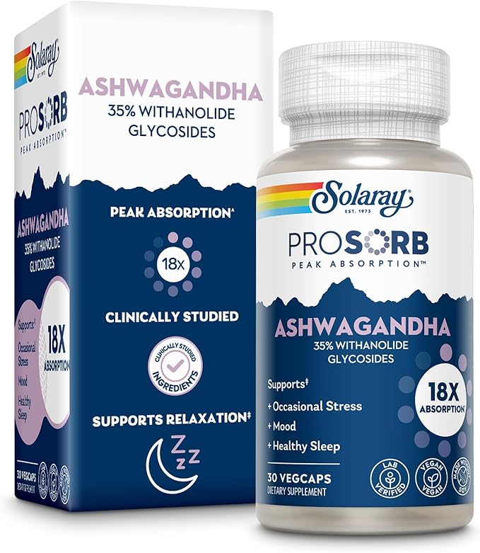 SOLARAY Ashwagandha Capsules 18X Absorption - Ashwagandha Root and Leaf Extract 240 mg - Occasional Stress Relief and Mood Support Supplement - Vegan 60-Day Guarantee - 30 Servings 30 VegCaps