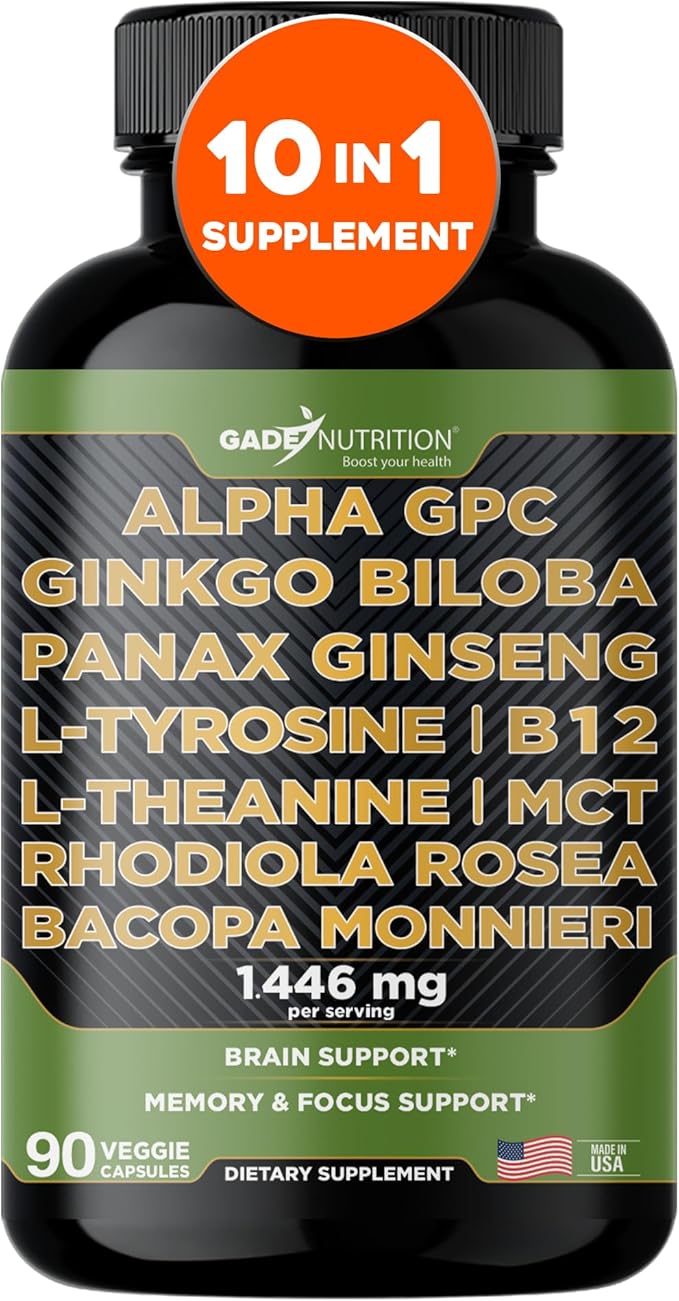 Gade Nutrition Alpha GPC + Ginkgo Biloba + Panax Ginseng + L- Tyrosine L-Theanine Bocopa Monnieri Rhodiola Rosea B12 MCT