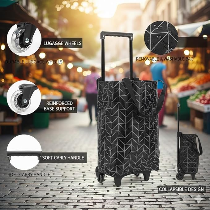 2-in-1 Foldable Shopping Bag with Wheels Foldable Shopping Cart with Telescopic Handle Reusable Eco-Friendly Shopping Bag for Women &amp Seniors(Green leaves)