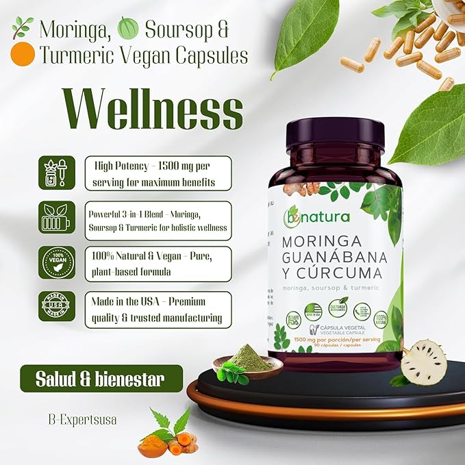 Guanábana Hoja Seca Té (Dried Soursop Leaves Tea) Combo 4 oz Bag + Moringa Soursop &amp Curcuma (Turmeric) 90 Capsules Organically Grown 1500 mg per Serving – 100% Natural Vegan – Powerful Anti