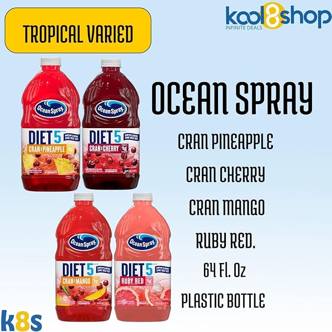 Ocean Spray Diet Tropical Variety Pack Juice Drink 64 fl oz Plastic Bottle 4 Pack + 15 Sugarcane Disposable Straws by KOOL8SHOP Infinite Deals
