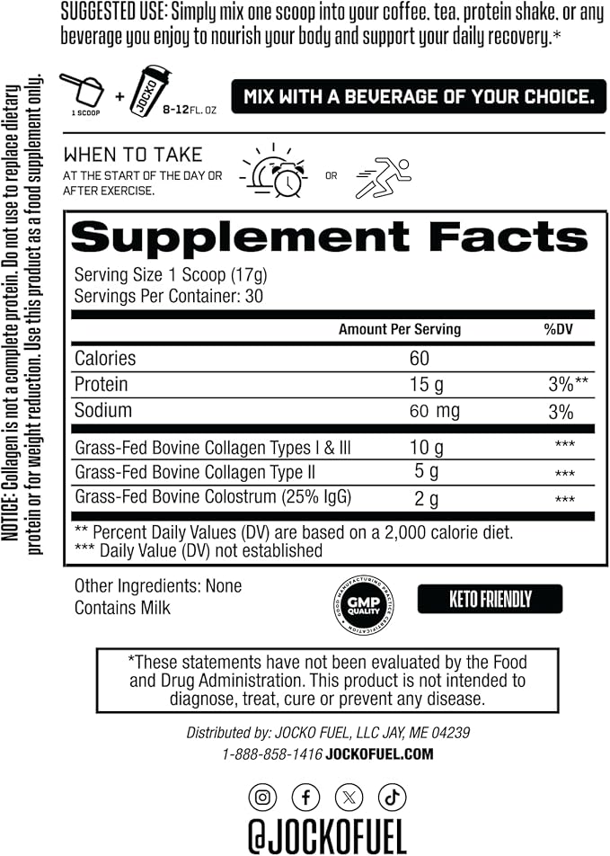 Jocko Fuel Collagen Powder with Colostrum – 15g Hydrolyzed Collagen + 2g First-Milking Colostrum – Dual Action for Gut Health Joint Support and Immune Defense – Recovery Supplement (30 Servings)