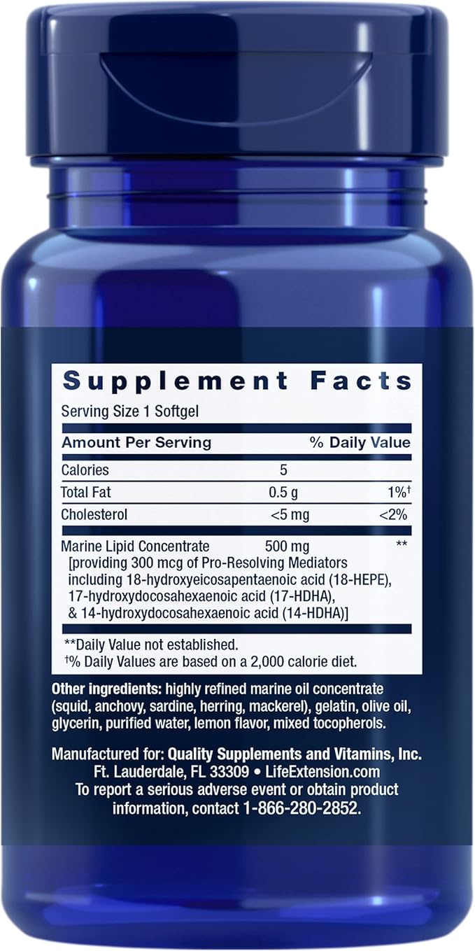 Life Extension Pro-Resolving Mediators 18-HEPE 17-HDHA 14-HDHA Supports The Body’s Natural Post-inflammatory Response Gluten Free Non-GMO 30 softgels