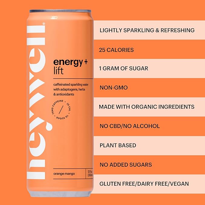 Heywell Sparkling Adaptogenic Water Energy and Uplift Orange Mango Flavor 12 Fluid Ounce (Pack of 12) - Non Caffeinated Organic Non GMO Vegan Gluten Free Dairy Free