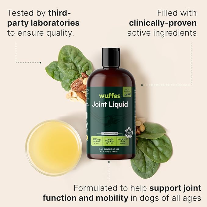 Wuffes Advanced Joint Liquid for Dogs Hip &amp Joint Support Supplement with Glucosamine Chondroitin UC-II® Collagen and MSM for Small &amp Large Breeds 16 Oz