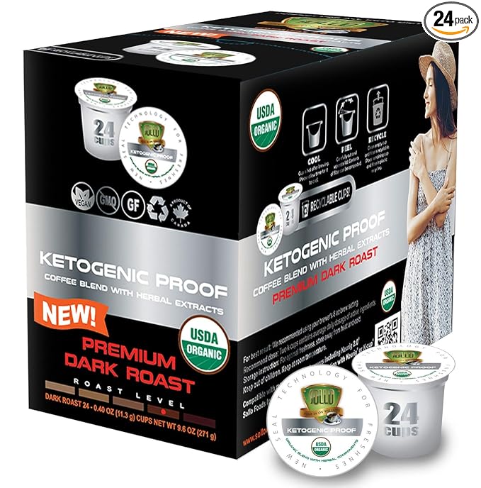 SOLLO KETO Dark Roast Infused Coffee Pods 0 g CARBS Coconut MCT Oil Compatible With 2.0 K-Cup Keurig Brewers 24 Ct