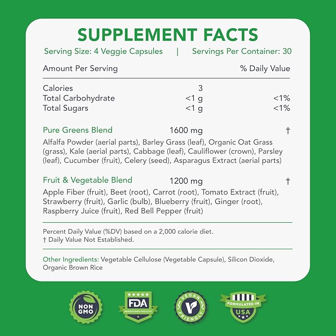 KaraMD Pure Nature | Greens Fruit and Veggies Supplement | Vitamins Fiber &amp Antioxidants | 20 Fruits and Vegetables Supplements for Energy &amp Digestion | Gluten Free &amp Vegan Friendly (2 P
