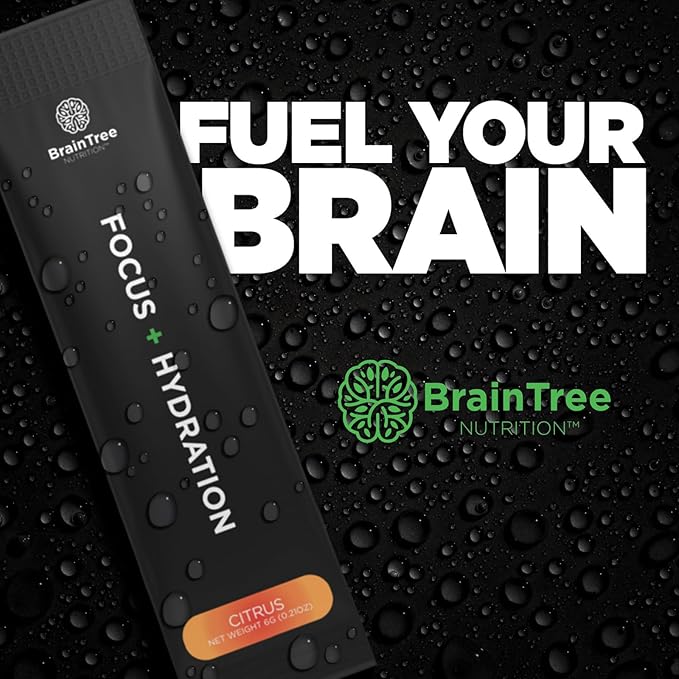 BrainTree Nutrition - Focus + Hydration - Electrolyte Drink Mix - Total Body Hydration - Supports Cognitive Function Energy &amp Muscle Recovery - Sugar Free - Citrus - 30 Stick Packs