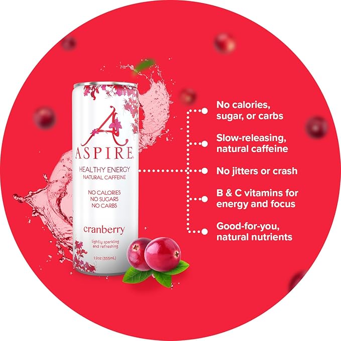 Aspire Cranberry Healthy Energy Drink Natural Caffeine from Green Tea Keto-Friendly Sugar-Free Zero Calories 12 fl oz Cans (Pack of 24)