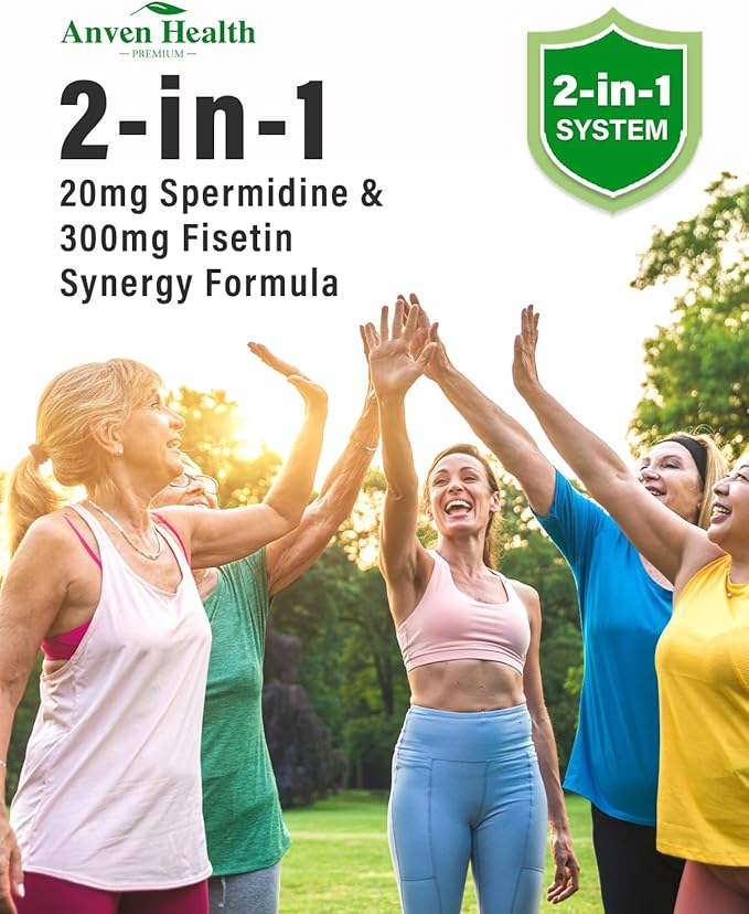 Spermidine &amp Fisetin Supplement - 20mg of 99% Spermidine Per Serving 3HCL &amp 300mg Fisetin for Women Men Cell Renewal Aging Defense &amp Longevity Gluten Free Non-GMO Made in USA | 60 Veg