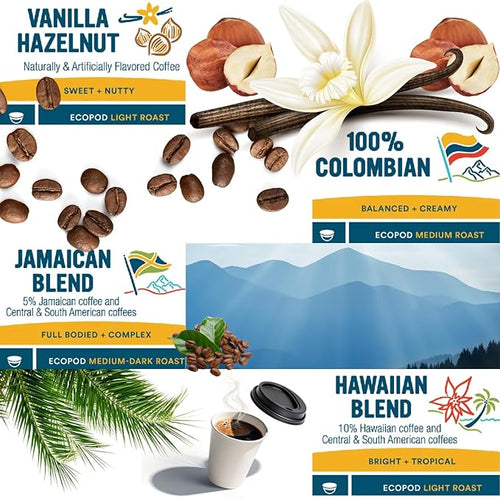 50-count single-cup coffee pack sampler for Keurig K-Cup Brewers Variety of Cameron's flavors Jamaican Blend Hawaiian 100% Colombian and Vanilla Hazelnut Packaged by Brightest Place Compatible with