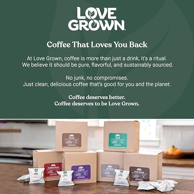 Love Grown Plastic-Free Coffee Pods 100% Arabica Single-Serve Cups Compostable Non-GMO - Compatible with Keurig Coffee Pods Machines and K-Cup Brewers Extra Dark Roast Flavor Box of 15