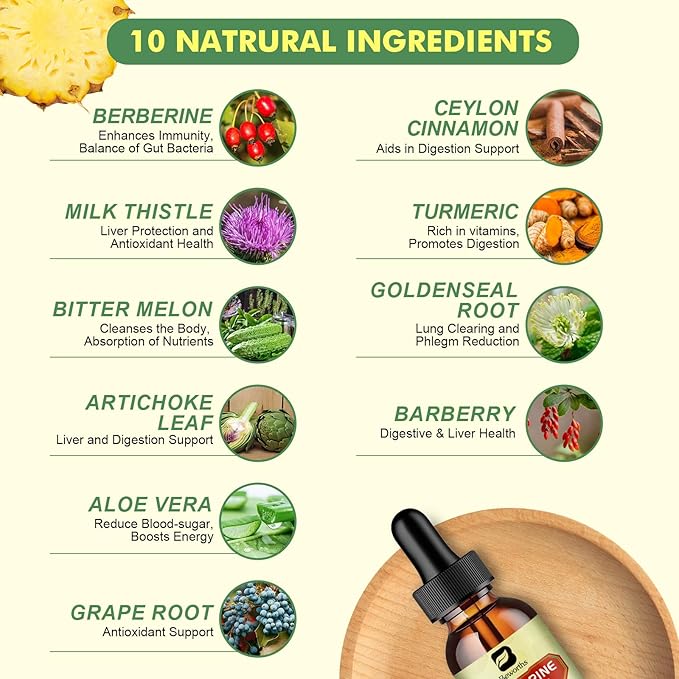 Berberine Supplement with Ceylon Cinnamon - Berberine Liquid Drops with Turmeric Curcumin Ceylon Cinnamon Bitter Melon Berberine Phytosome for Digestion System Immune Health Support -Vegetarian