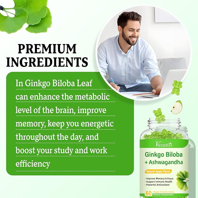 2 Pack Ginkgo Biloba Gummies 240MG with Panax Ginseng for Better Mood and Focus Booster Brain Health 120 Vegan Apple Flavor Gummies
