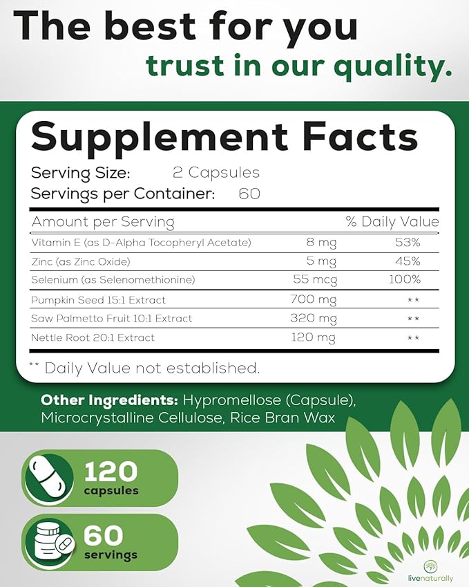 Prostate Health Supplement for Men Advanced Formula with Saw Palmetto Pumpkin Seed Stinging Nettle Root Zinc Selenium and Vitamin E 120 Capsules Urinary and Prostate Support