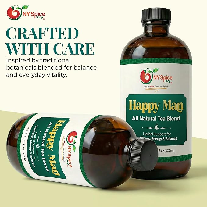 NY Spice Shop Happy Man Herbal Tea Blend - All-Natural Beverage For Everyday Use - Plant-Based Infusion Crafted With Natural Ingredients - Liquid Tea Concentrate - 16 Ounce Bottle (3 Count)