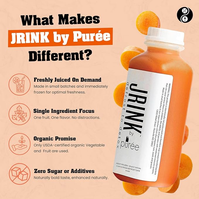JRINK by Purée Organic Carrot Juice Cold Pressed Ginger Blend Healthy Cleanse Vegan Cold Press Beverage Non-GMO Organic Fruit and Vegetable Drink No Added Sugar 16 fl oz Bottles Pack of 18
