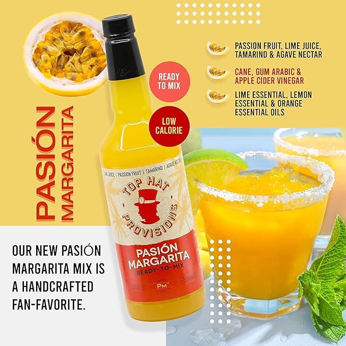 Top Hat Passion Fruit Margarita Drink Mix (Pasión Margarita) - Handcrafted with Passion Fruit Organic Agave Nectar &amp Organic Lime Juice - Low Calorie - 2 Pack of 32oz Bottles