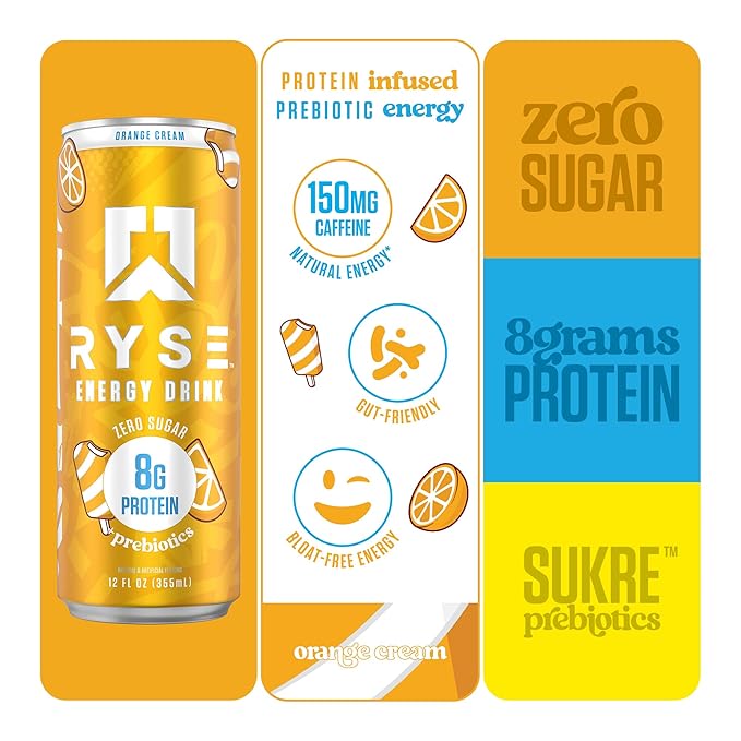 RYSE Functional Energy Drink - Orange Cream - 150mg Natural Caffeine 8g Whey Protein &amp 1g Prebiotics - Sugar Free Gut-Friendly Bloat-Free - 12 fl oz Cans (12-Pack)