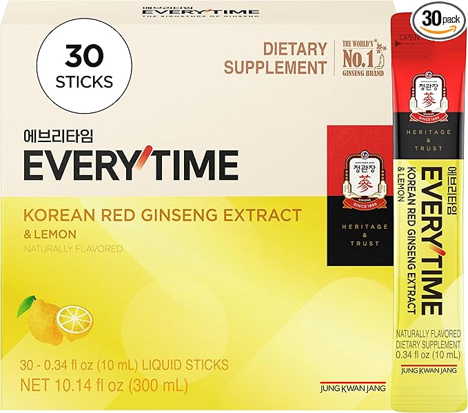 JUNG KWAN JANG Everytime Korean Red Ginseng Extract Stick 1050mg &amp Lemon - Vegan Ginseng Root Energy Drink Liquid Stick Supplements - Builds Stamina &amp Immunity No Caffeine Non-GMO (30 Sticks