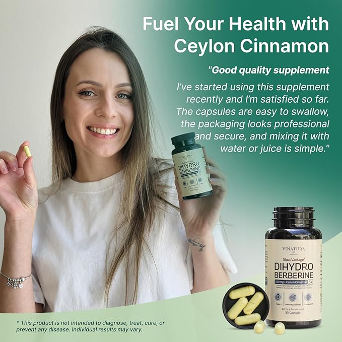 VINATURA Dihydroberberine Supplement with Ceylon Cinnamon 500mg - (Patented GlucoVantage Super Berberine) Maybe Berberine 5X More absorbable - 30 Capsules