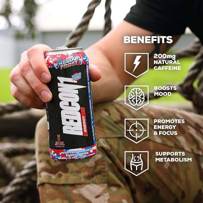 REDCON1 Energy High Performance Drink Freedom Frost - Zero Sugar Energy Drink with Alpha GPC Nootropic - 200mg Natural Caffeine from Green Coffee Beans - Vitamin B6 B12 &amp B5 to Boost Mood (12 ct